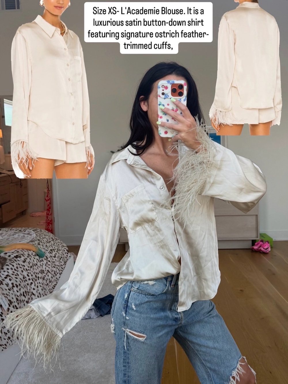 L'Academie Cream Satin Button-Down with Ostrich Feather Cuffs